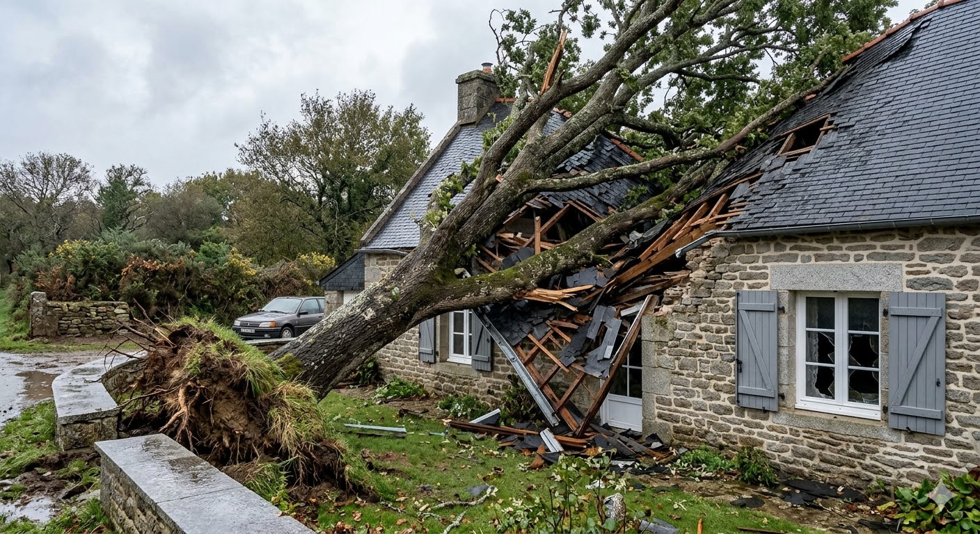 Arbre déraciné tombé sur une toiture en ardoise dans le Morbihan